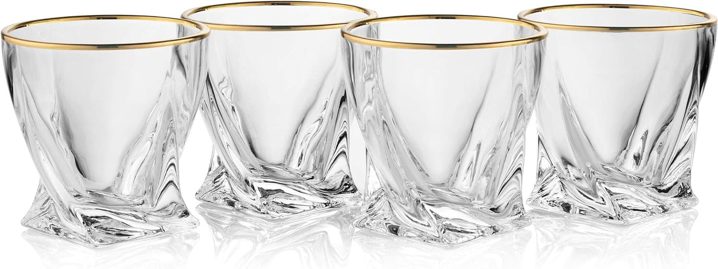 Gold-Rimmed Twisted Whiskey Glasses Set of 4