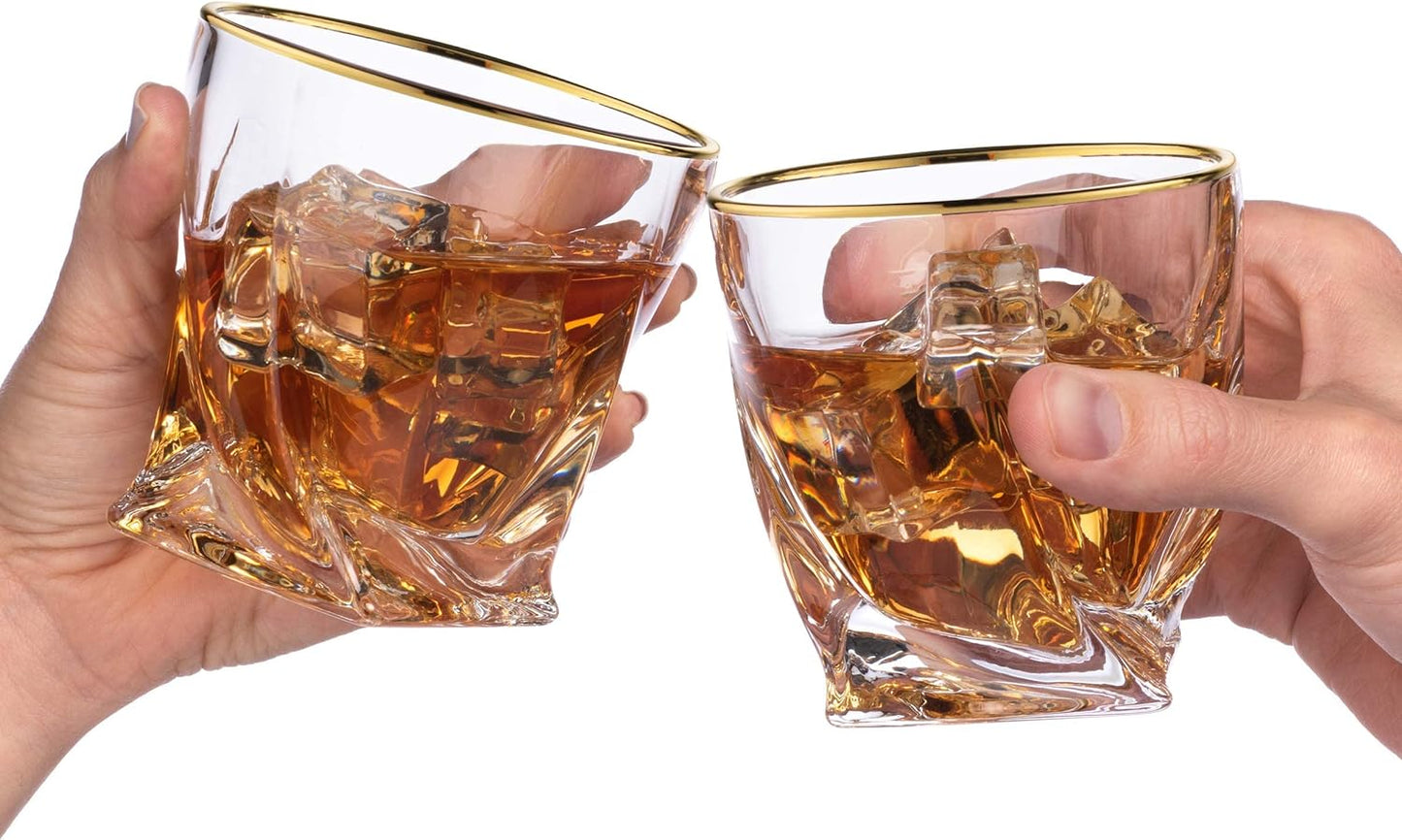 Gold-Rimmed Twisted Whiskey Glasses Set of 4