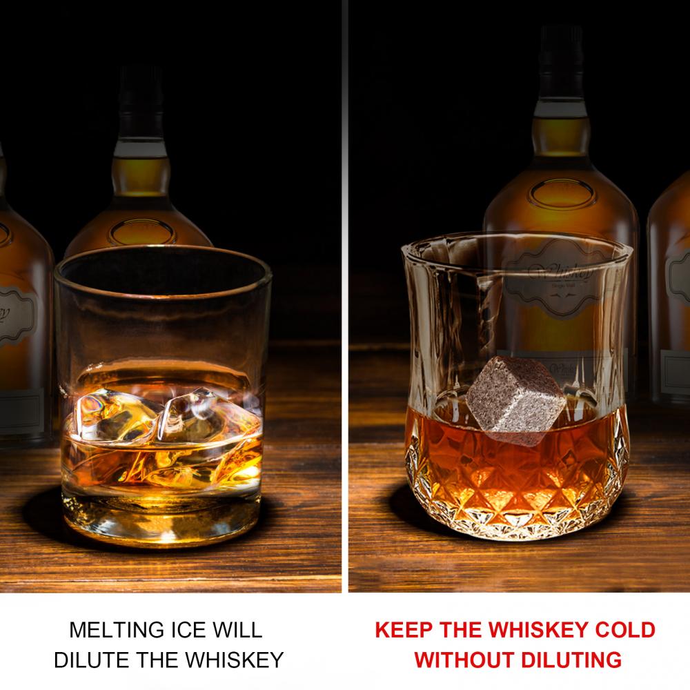 Whiskey Connoisseur Set With 2 Whiskey Glasses and 8 Granite Rocks Chilling Stones