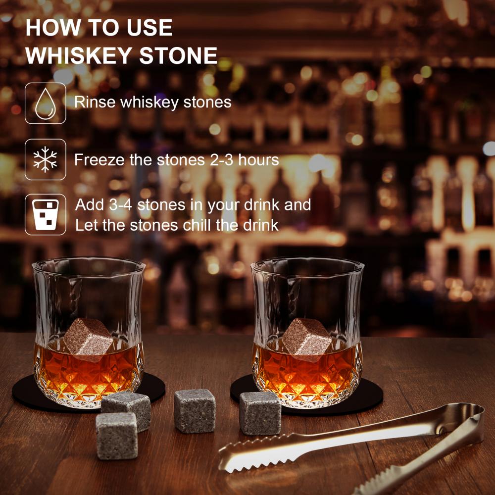 Whiskey Connoisseur Set With 2 Whiskey Glasses and 8 Granite Rocks Chilling Stones