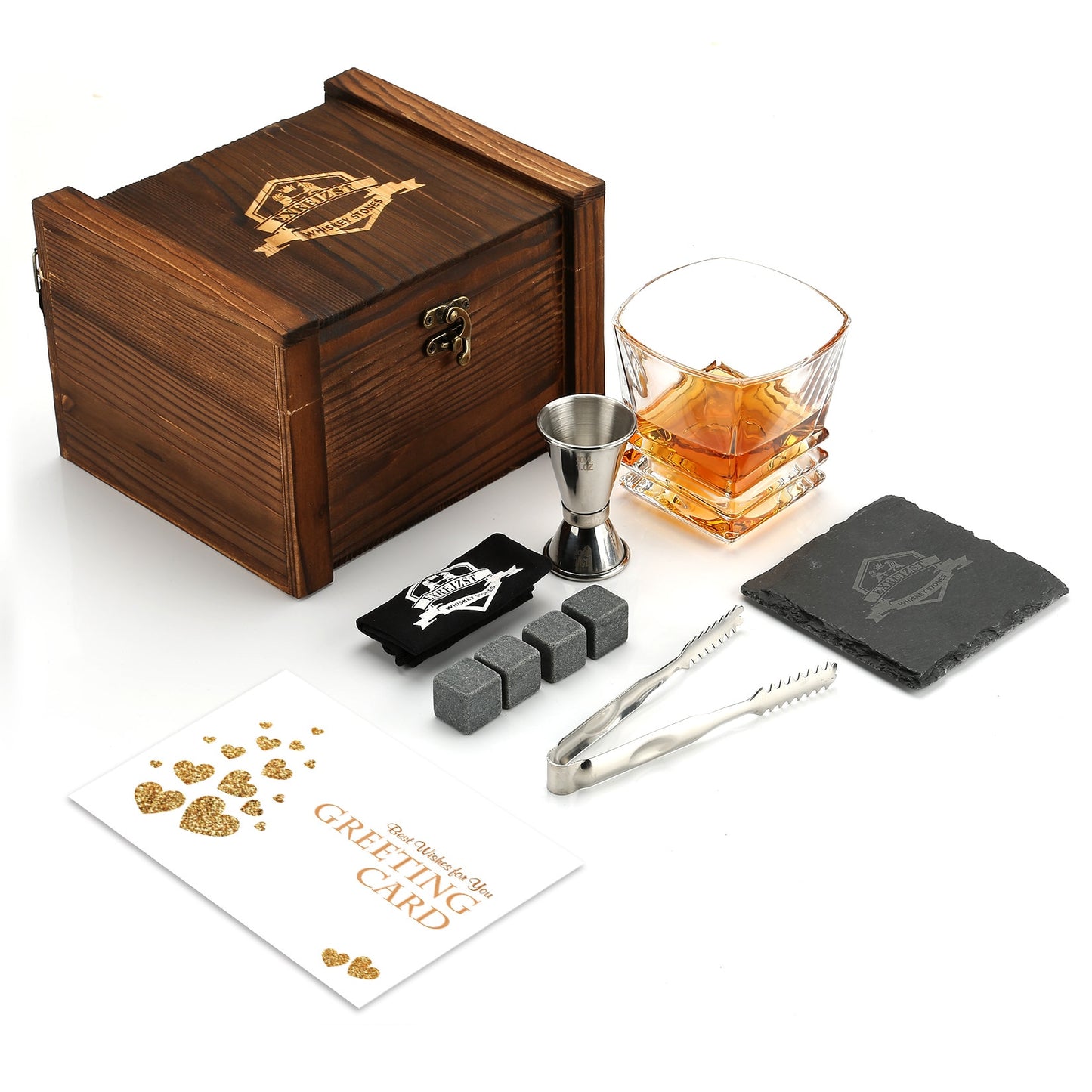 Whiskey Lovers Drinking Set with Whiskey Glasses and Chilling Stones