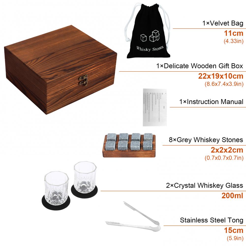 Whiskey Connoisseur Set With 2 Whiskey Glasses and 8 Granite Rocks Chilling Stones