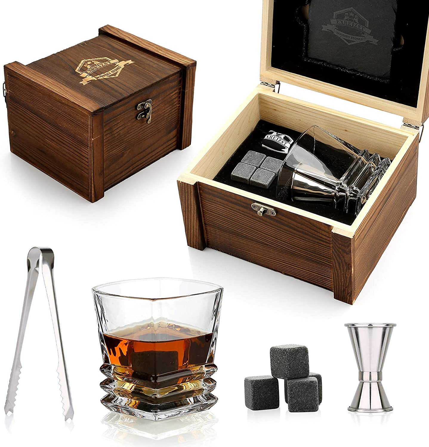 Whiskey Lovers Drinking Set with Whiskey Glasses and Chilling Stones
