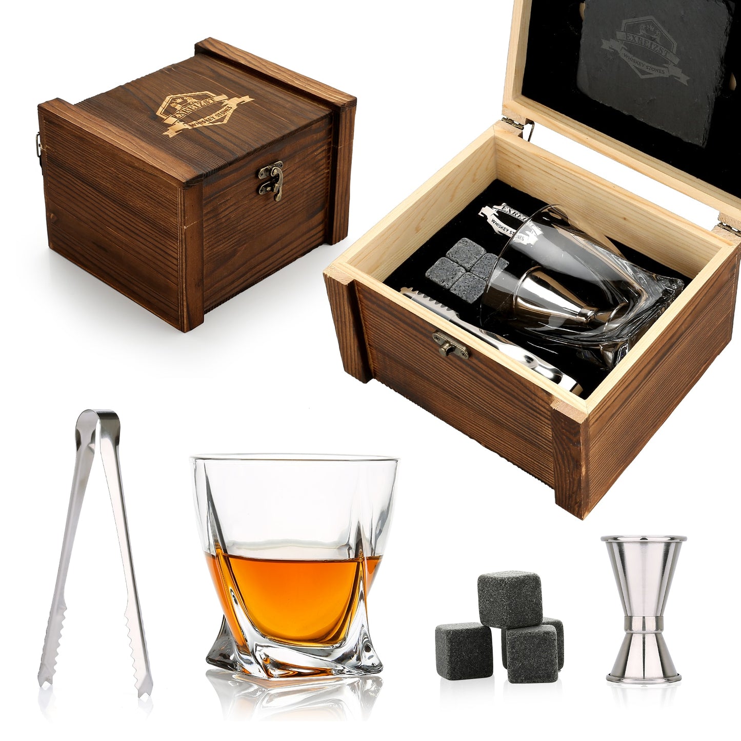 Whiskey Lovers Drinking Set with Whiskey Glasses and Chilling Stones