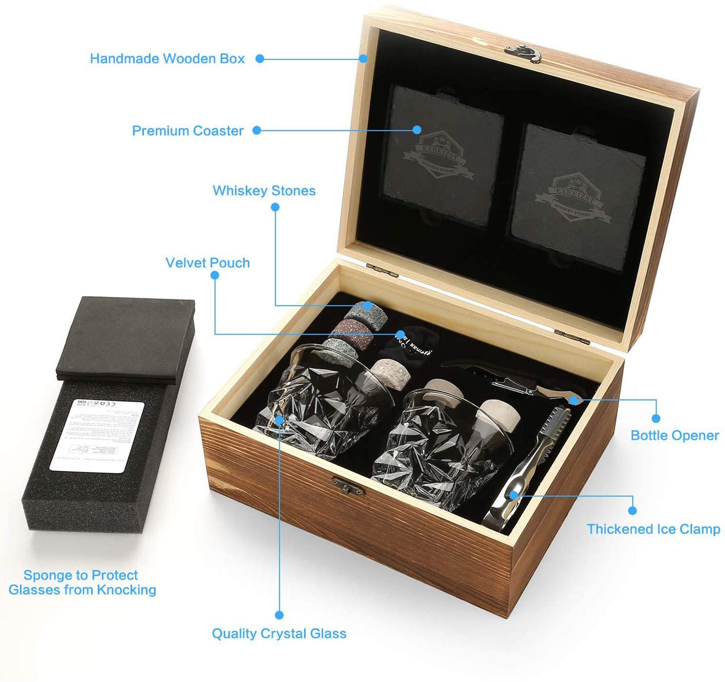 Whiskey Lovers Drinking Set with Whiskey Glasses and Chilling Stones