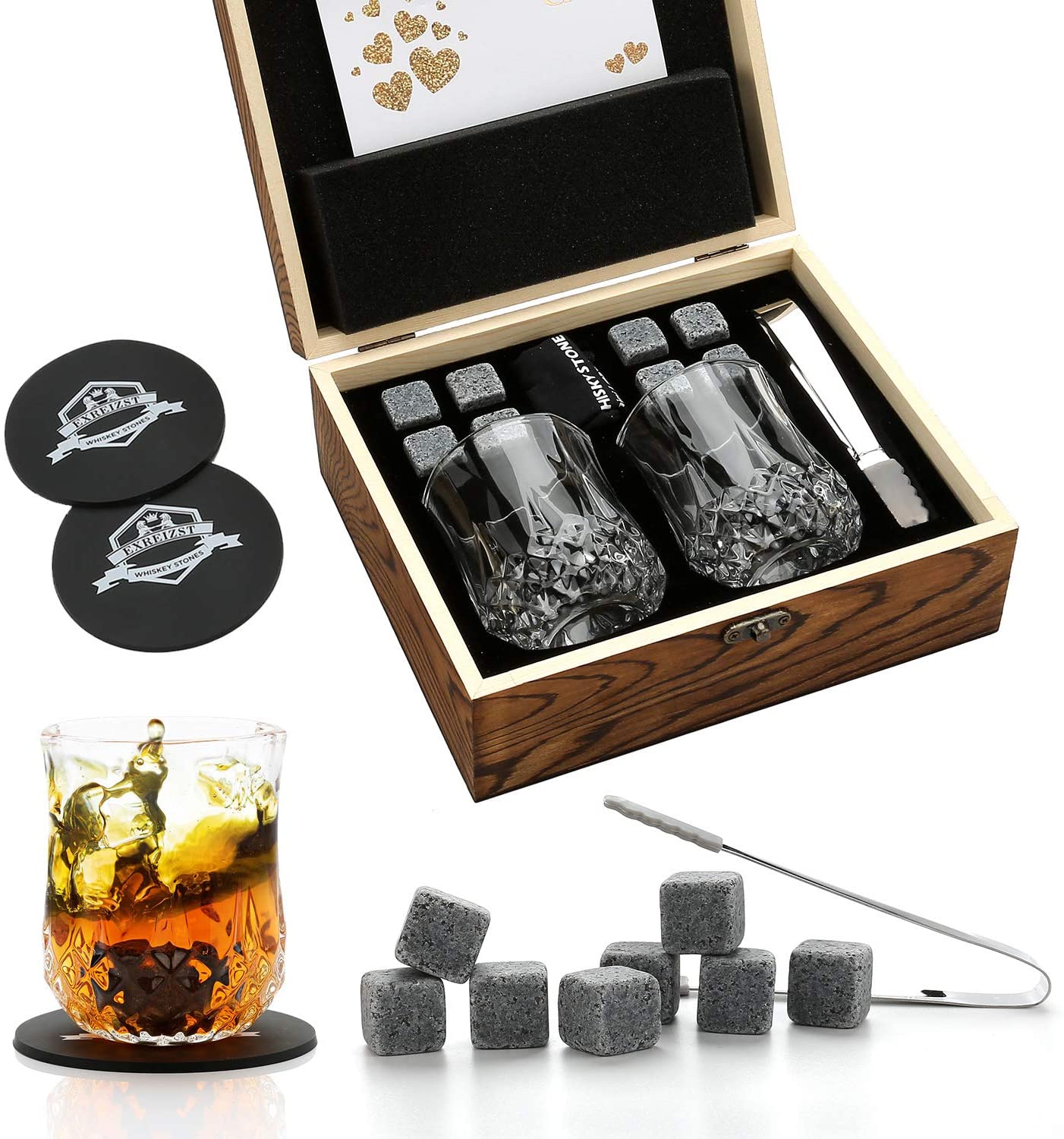 Whiskey Lovers Drinking Set with Whiskey Glasses and Chilling Stones