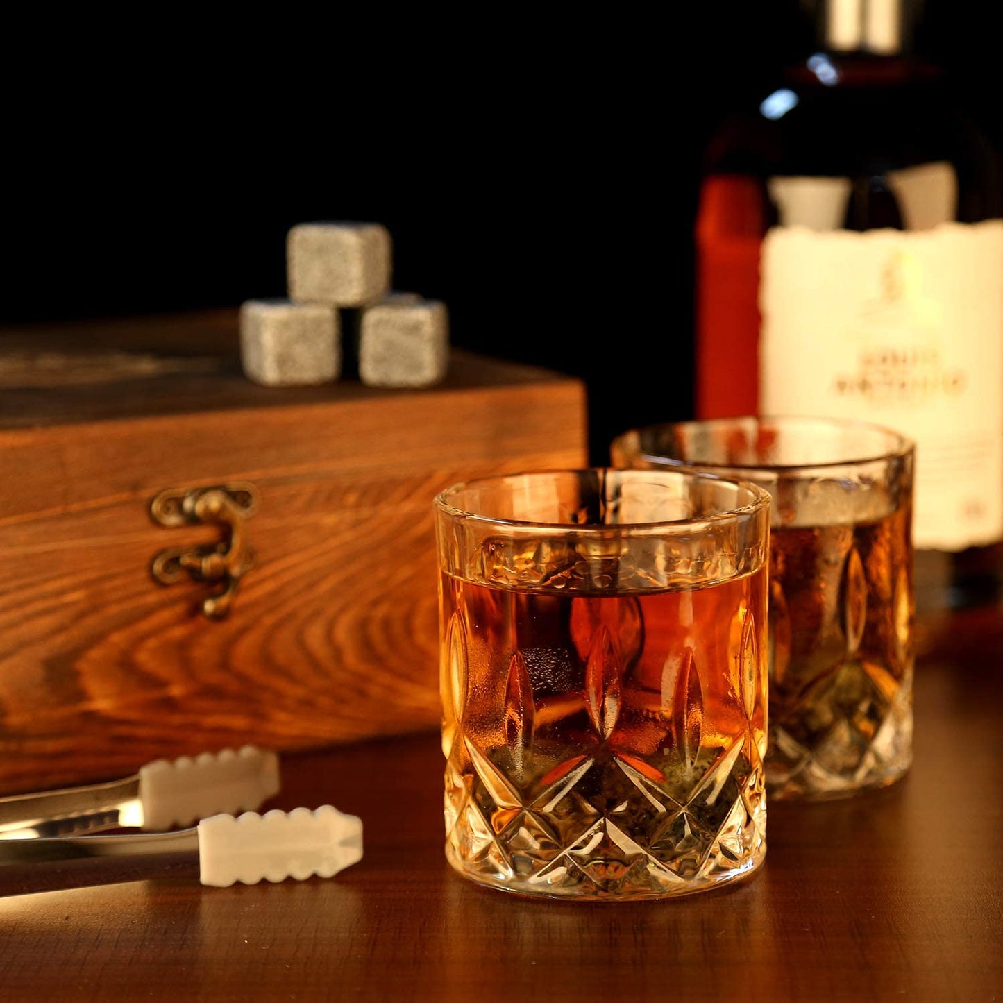 Whiskey Lovers Drinking Set with Whiskey Glasses and Chilling Stones