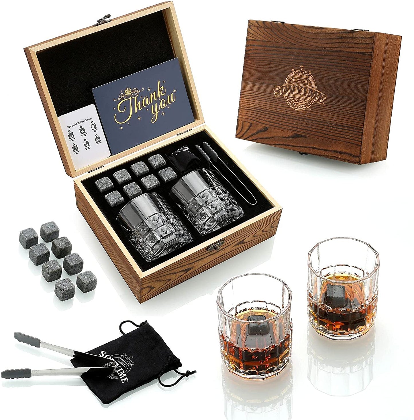 Whiskey Lovers Drinking Set with Whiskey Glasses and Chilling Stones