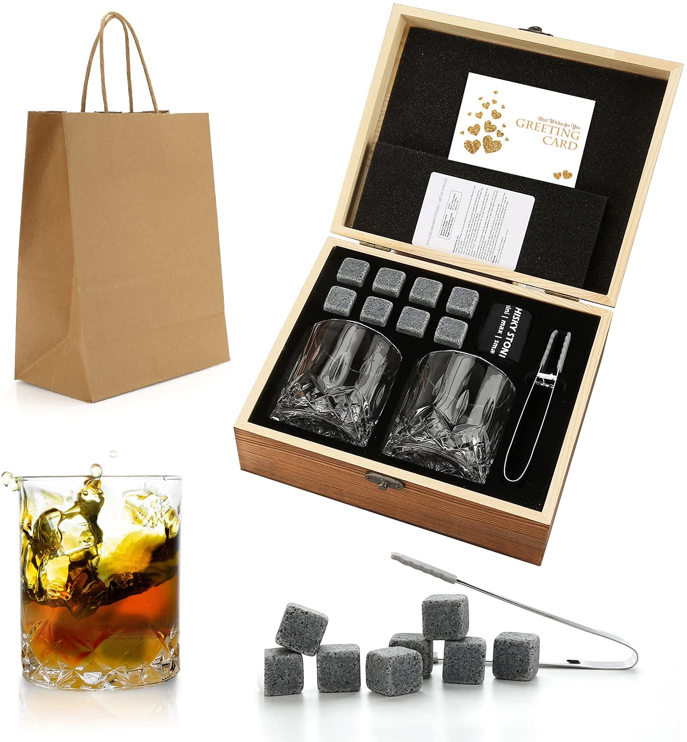 Whiskey Lovers Drinking Set with Whiskey Glasses and Chilling Stones