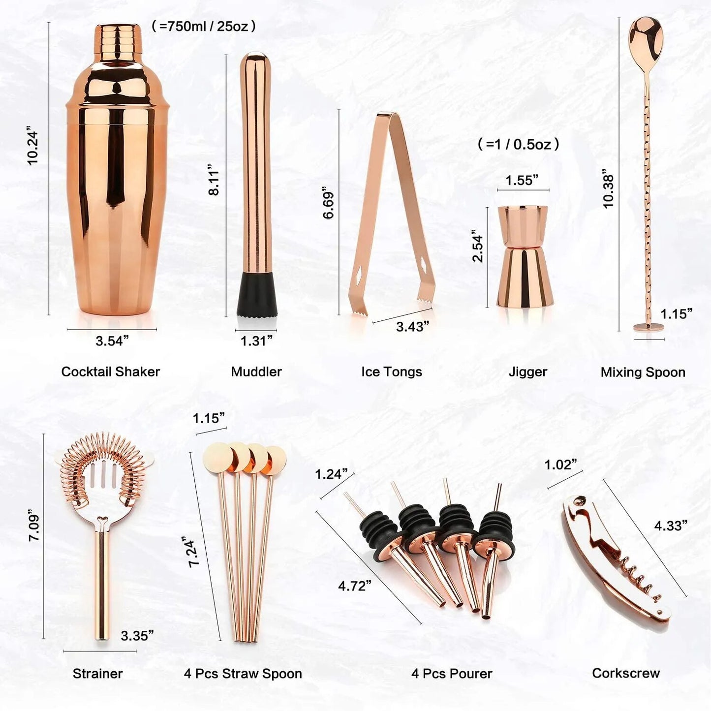 16 Piece  Cocktail Shaker Bartender Kit - Rose Gold & Silver