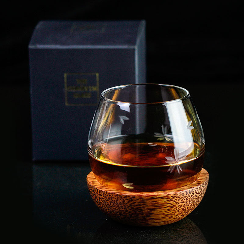 Chamvin Glass Japanese Engraved Cherry Blossom Rotating Whiskey Glass