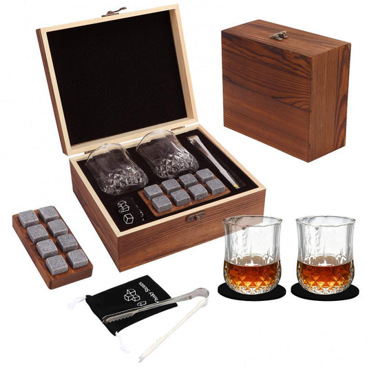 Whiskey Connoisseur Set With 2 Whiskey Glasses and 8 Granite Rocks Chilling Stones