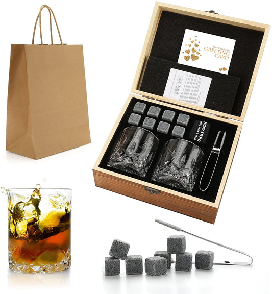 Whiskey Lovers Drinking Set with Whiskey Glasses and Chilling Stones